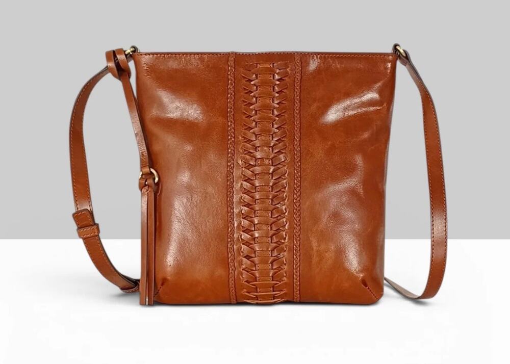 Lodis Dallas City Crossbody Bag Chestnut Brown Leather Woven Detail